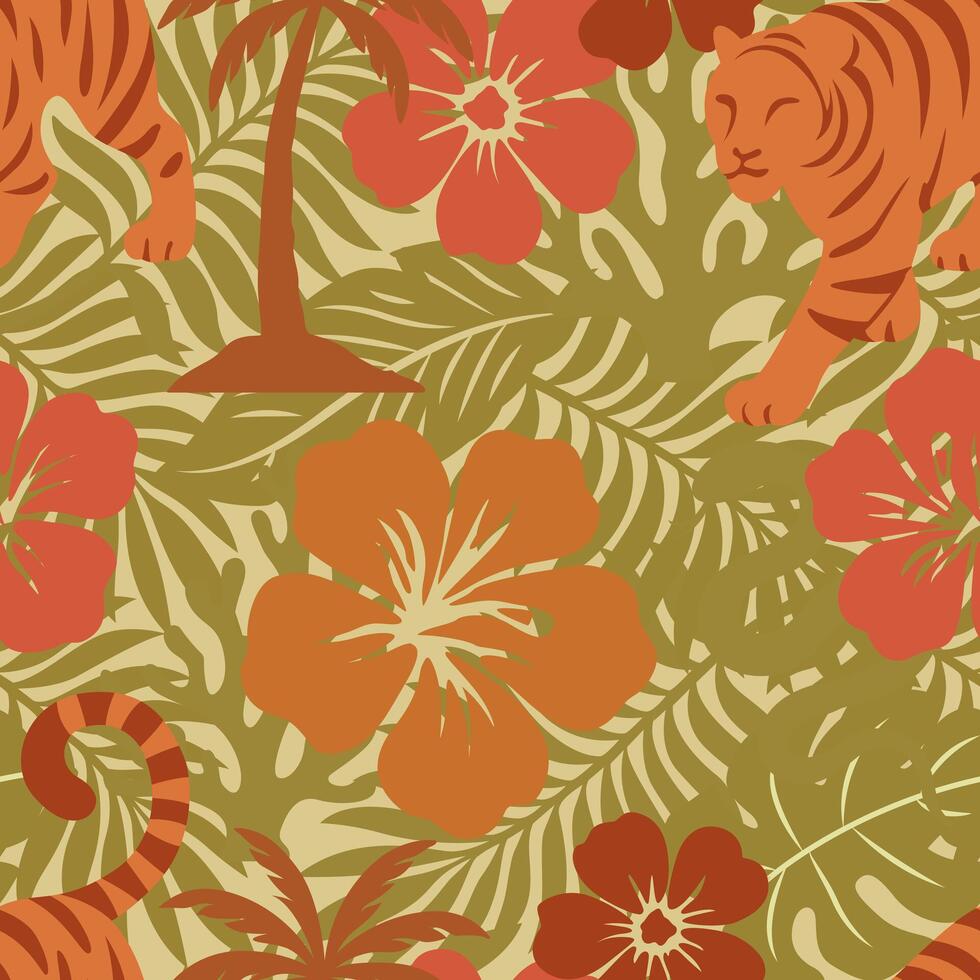 Tropical jungle pattern with tigers, hibiscus flowers, palm trees, and lush green leaves in warm earthy tones. Seamless botanical background for summer, travel, and exotic nature themes. vector