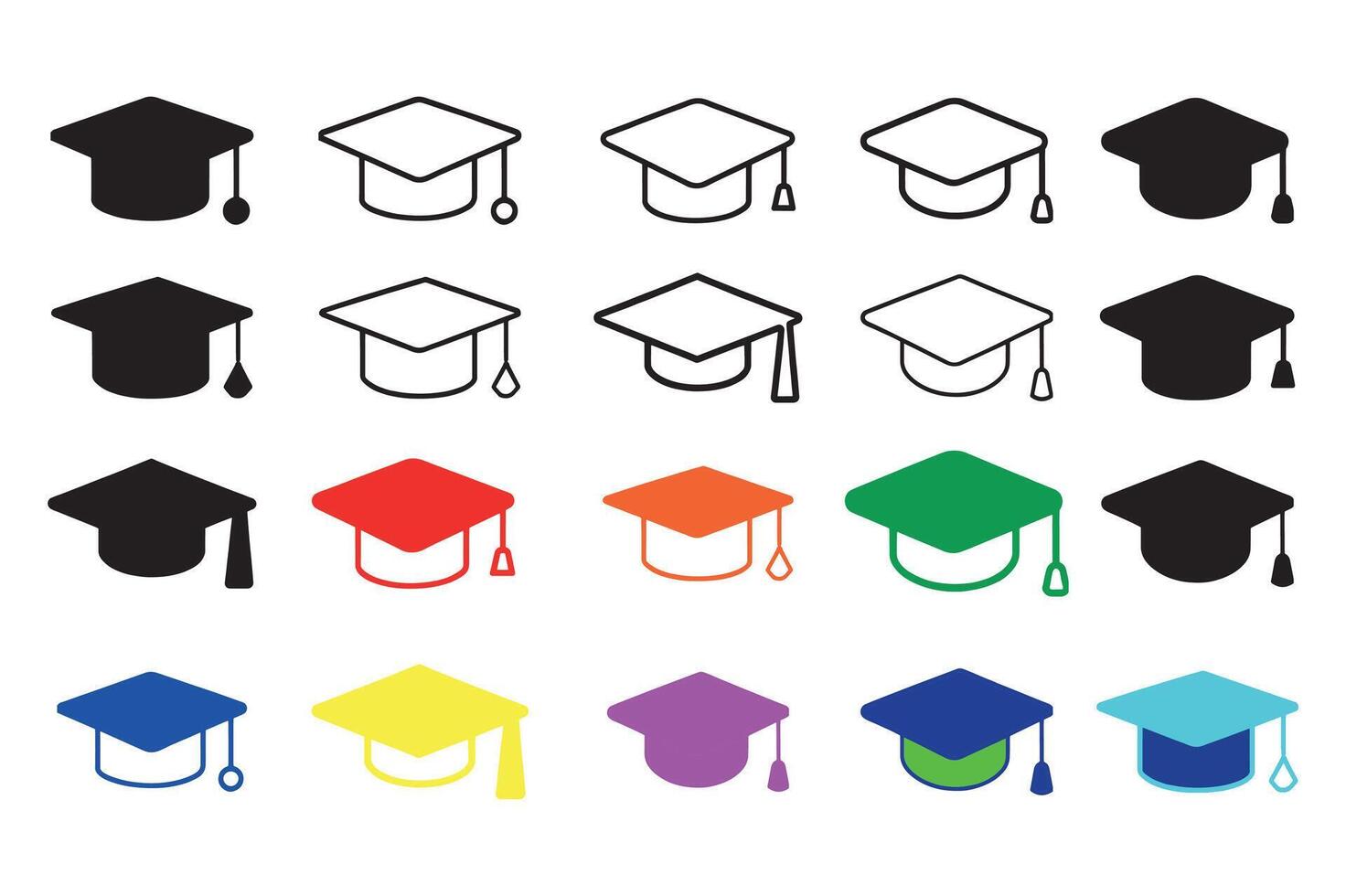 Graduate hat line icons set. Hand drawn university cap in doodle style vector