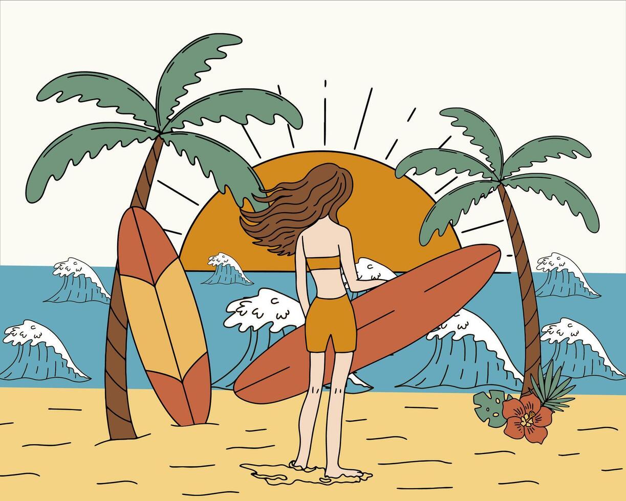 Surfer girl on the beach. Summer landscape vector