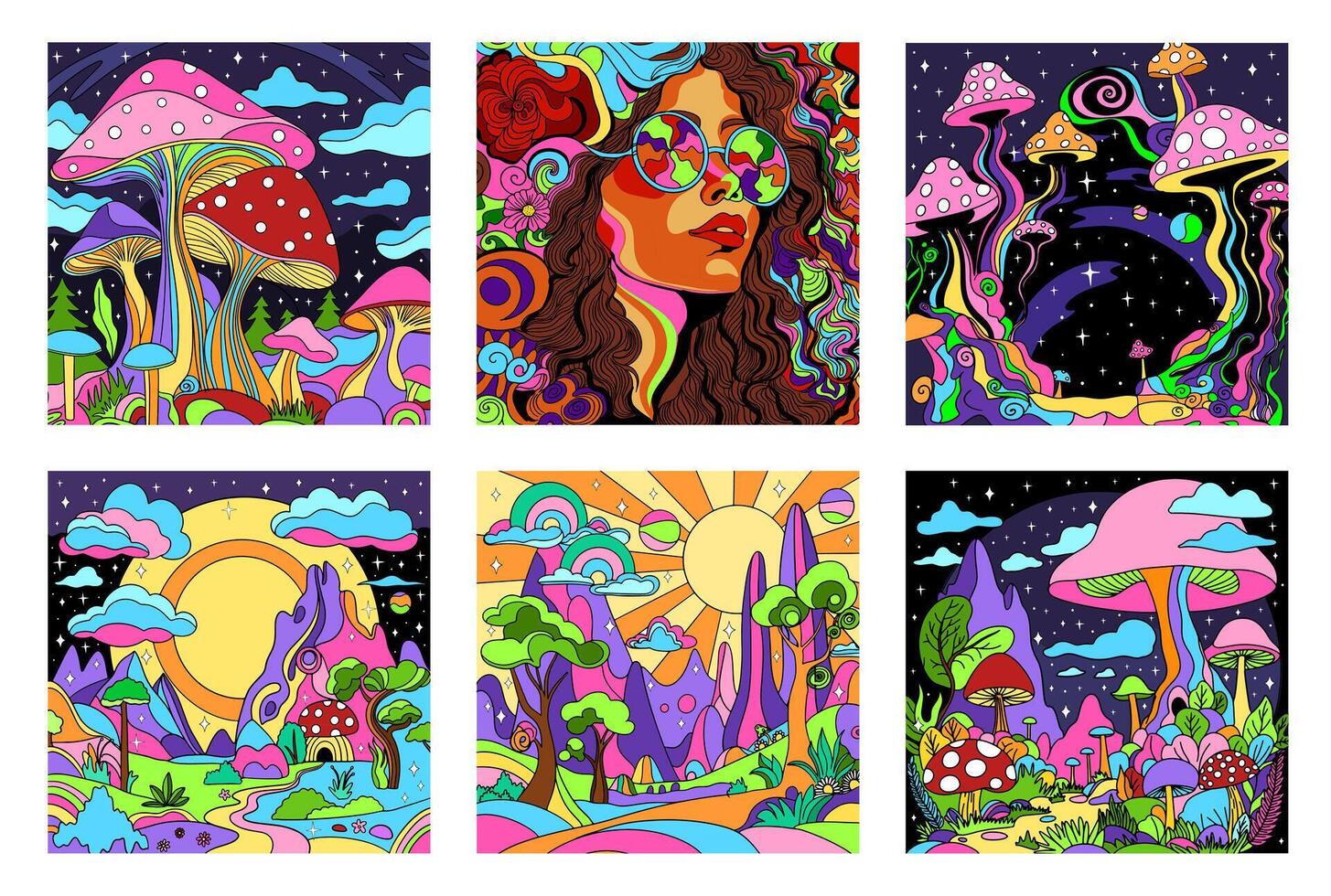 Retro psychedelic groovy rainbow landscape. Vintage hippie background set vector