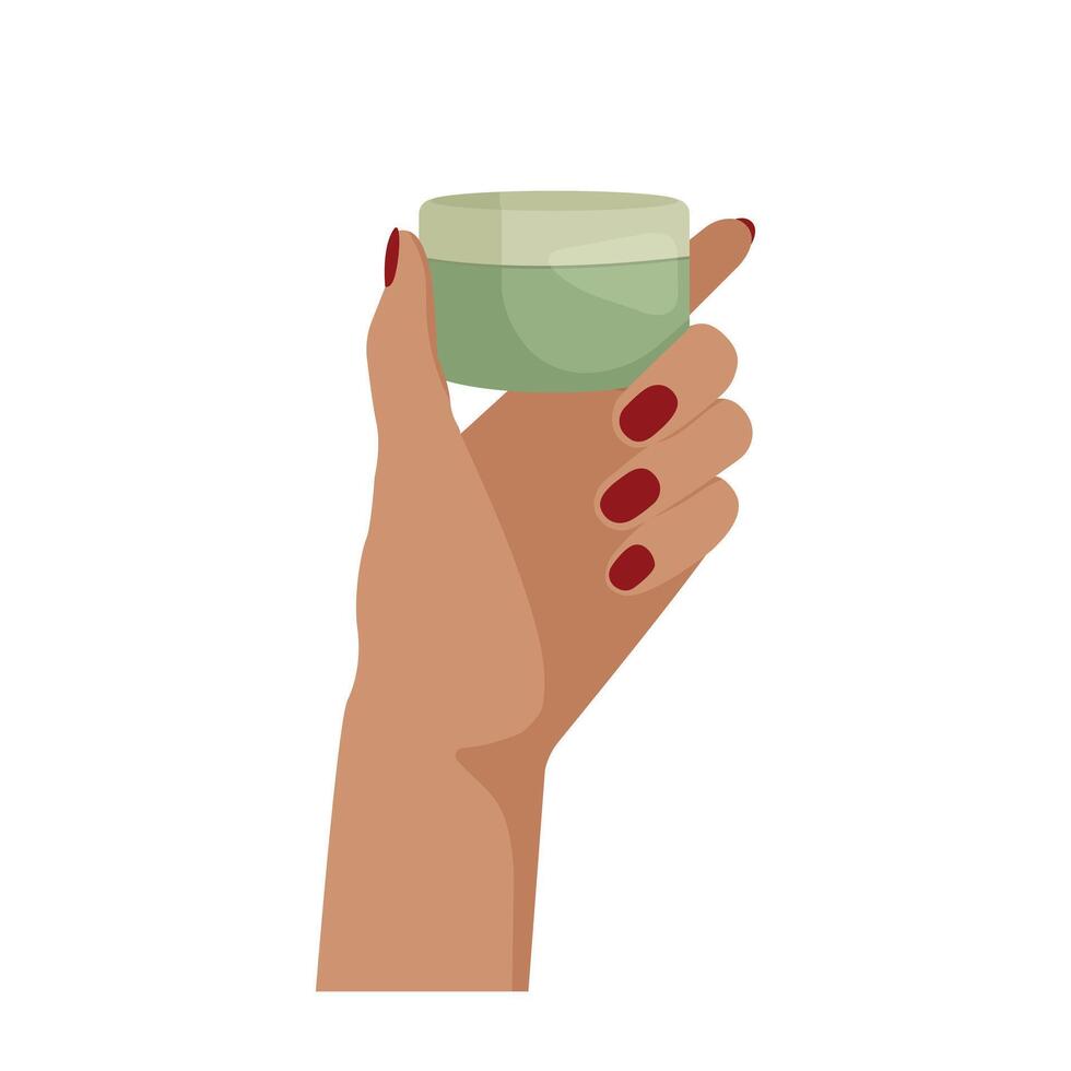 Female hands is holding a moisturizer cream. Cosmetic product in a jar. illustration in a flat style. vector