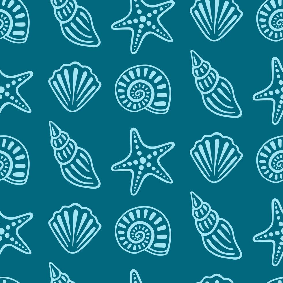Sea shells seamless pattern. Hand draw marine collection of shellfishes, sinks and starfishes. illustration. vector