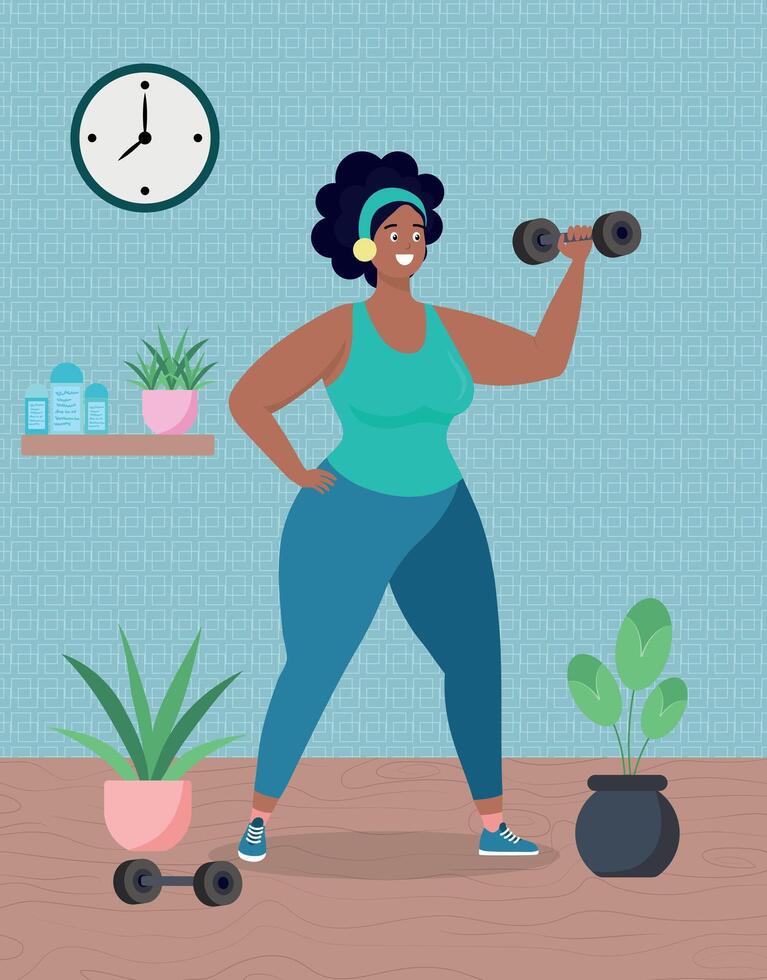 Curvy Woman Lifting Dumbbell Indoors vector