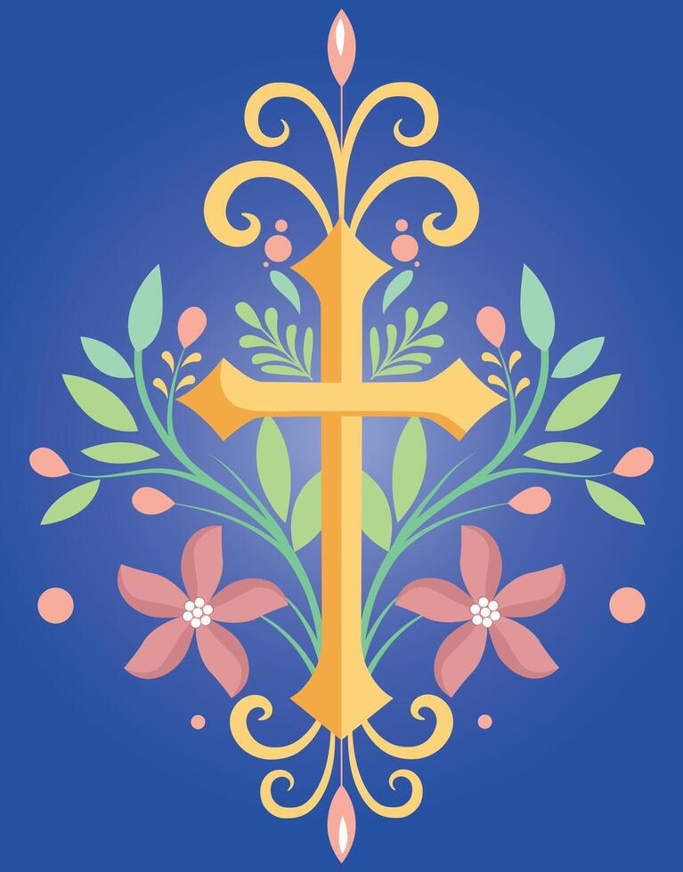 Golden Christian Cross with Floral Ornaments vector