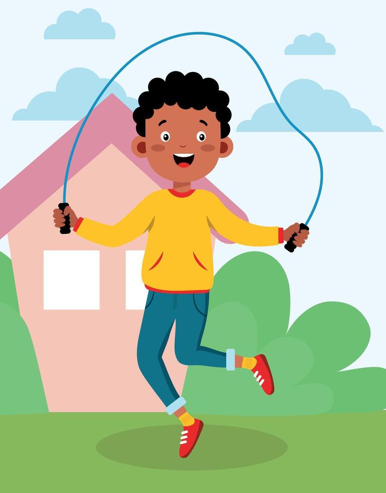 Boy Jumping Rope Outside Home vector