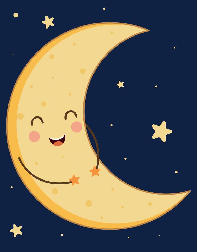 Cute Smiling Moon Hugging Two Stars vector