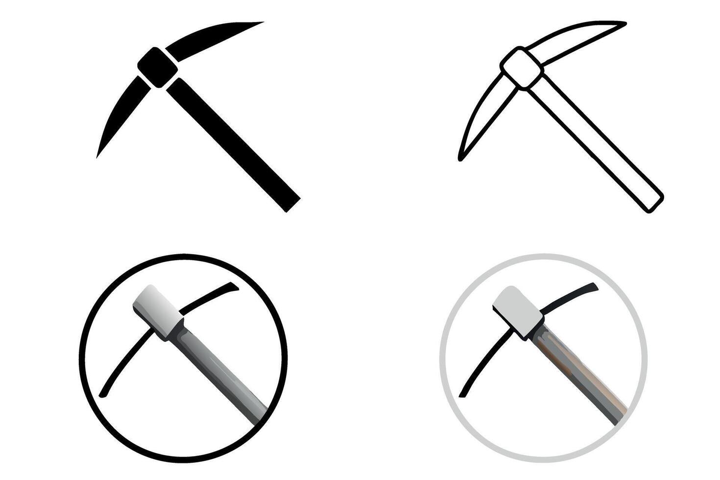 pickaxe designs, flat and outline style, for use in mining, construction, and heavy labor labour day or labor day line art icon set vector
