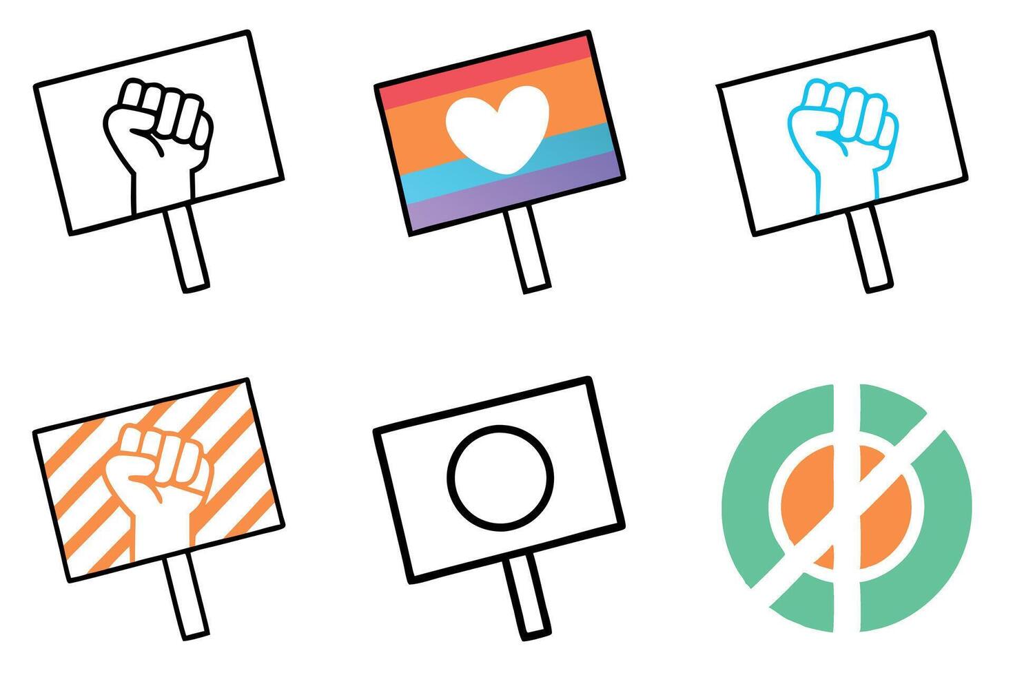 protest signs with powerful symbols like raised fists, love heart, and symbols for social justice, perfect for activism and social movements labour day or labor day line art icon set vector