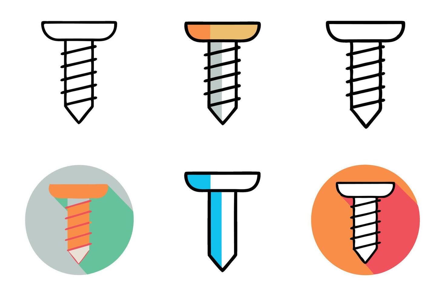 screws and nails in illustration style, depicting different screw types and sizes for use in DIY, hardware, and construction projects, labour day or labor day line art icon set vector