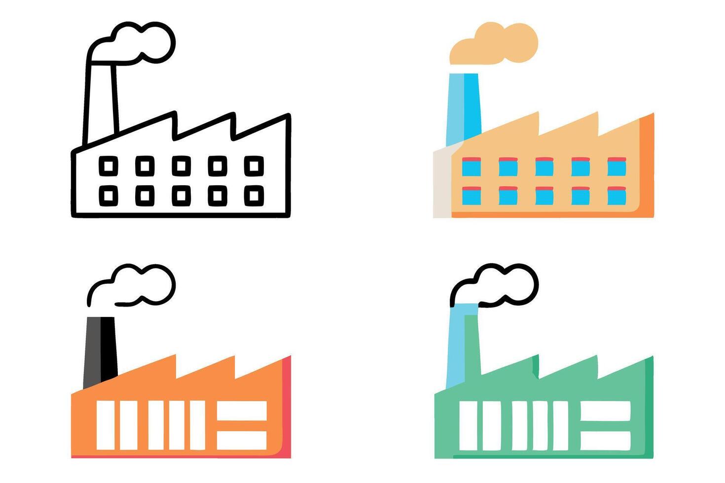 A series of factory icons with diverse designs and color schemes, great for work and industry related themes, labour day or labor day line art icon set vector