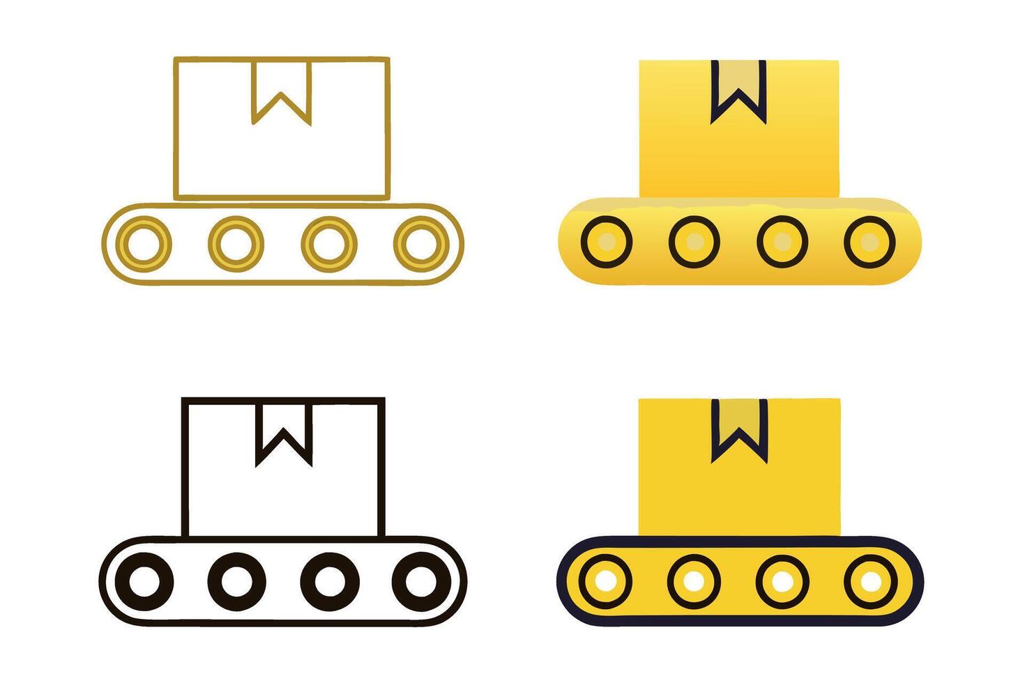 Conveyor belt with box and package on it, factory production line illustration illustration, moving items on conveyor belt labour day or labor day line art icon set vector