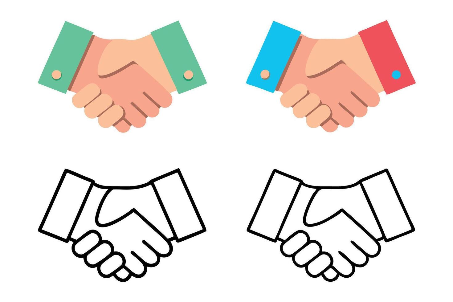 Set of handshake icons in different styles and colors, representing business agreements, partnerships, and cooperation labour day or labor day line art icon set vector