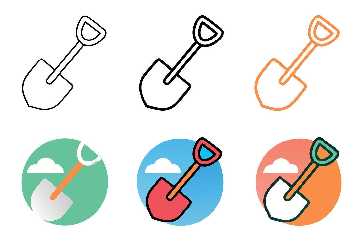 shovel illustration illustrations with circular backgrounds in multiple colors, representing hard work and outdoor activities Labour day or labor day line art icon set vector