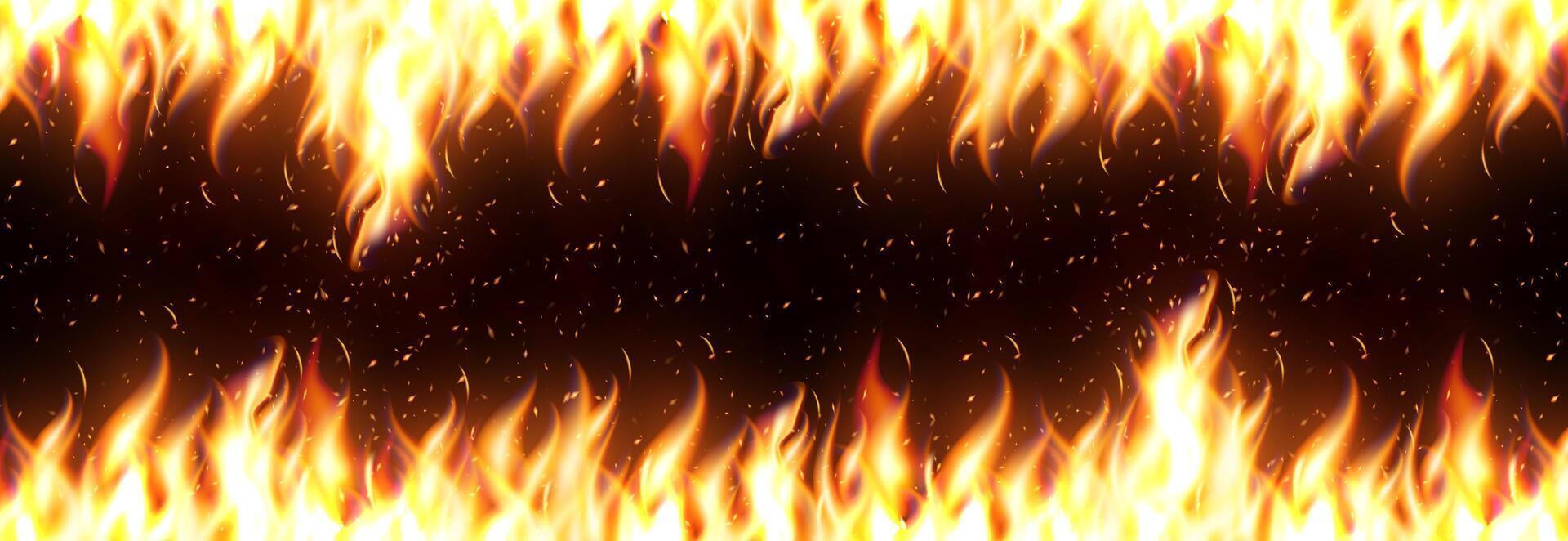 Realistic bright blazing fire border with glowing sparks, intense heat effect, energy, danger. Burning frame background for banners, games, promotions. Dramatic style illustration vector