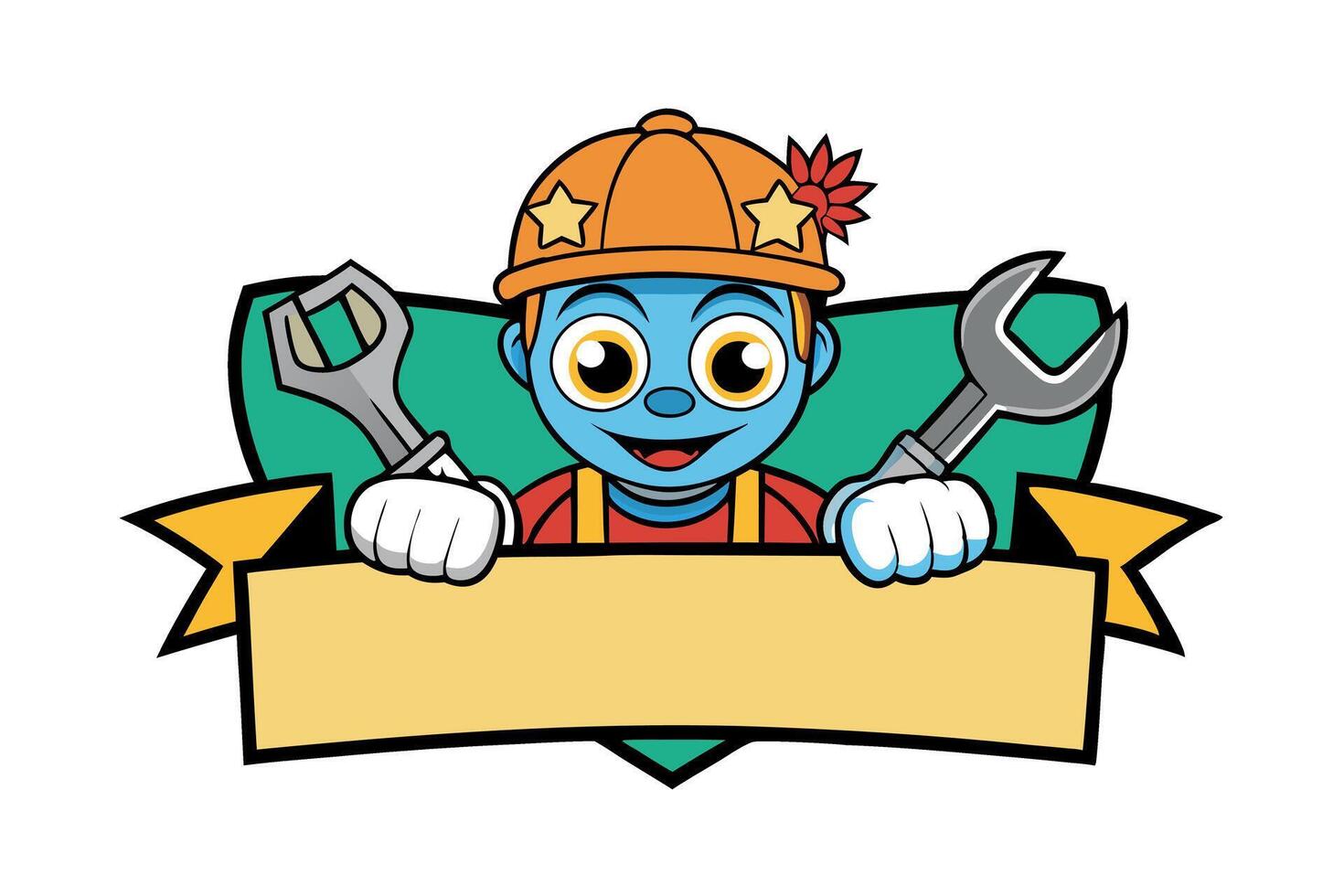 Cartoon labor union emblem with wrench, hammer, and hard hat symbols representing work and teamwork for Labor Day or Labour Day vector
