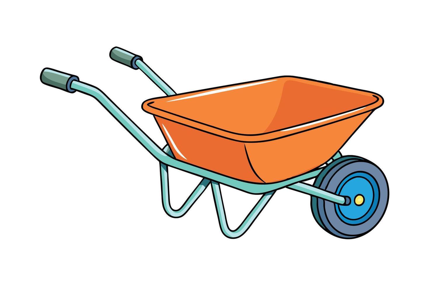 wheelbarrow with orange container and blue wheel, ideal for construction, gardening, and outdoor activities, perfect for labour day or labor day projects vector