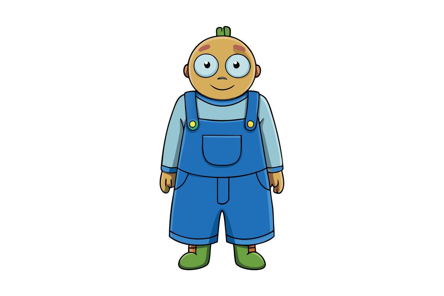 cartoon character in blue overalls with a bright smile standing against a white background, ideal for child oriented illustrations for Labour Day or Labor Day vector