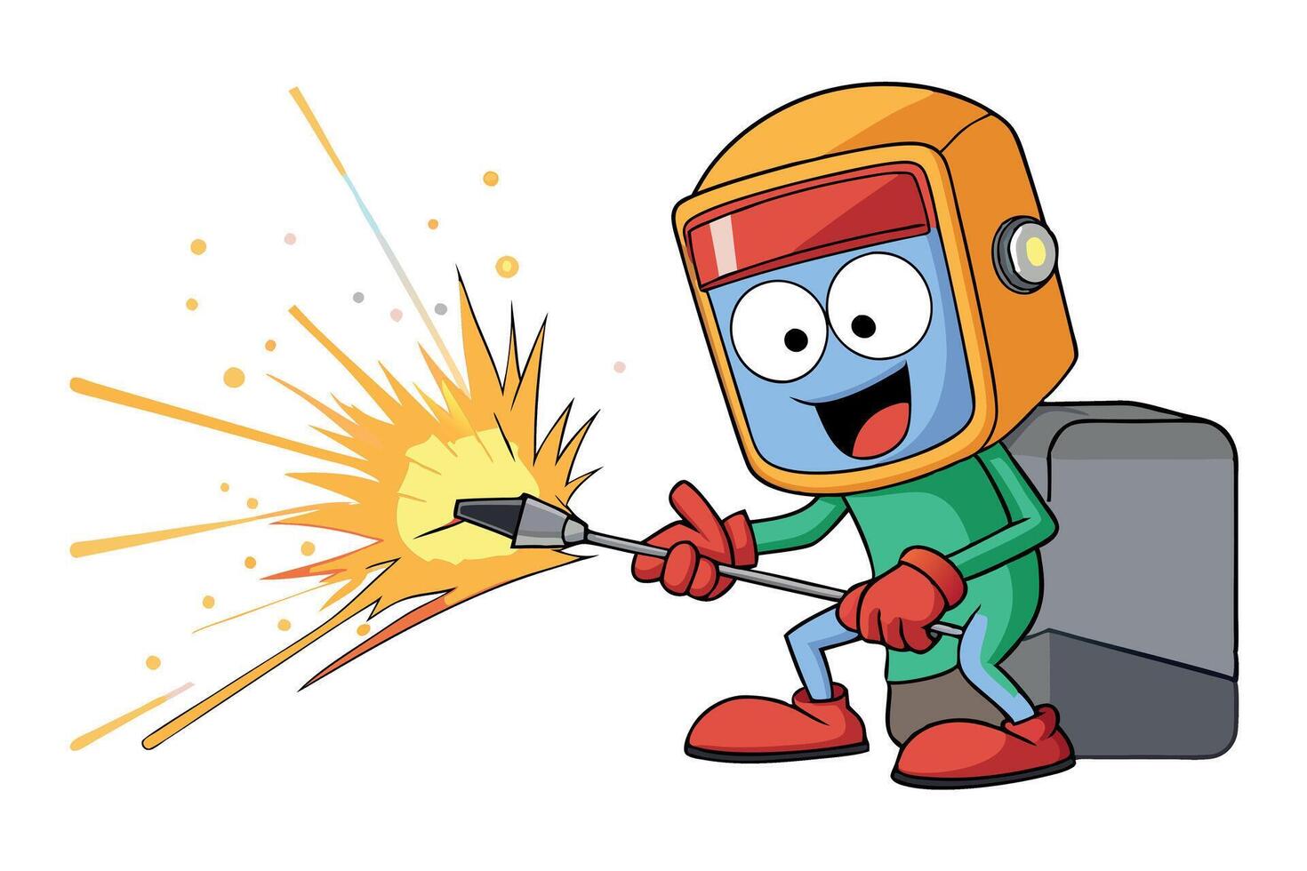 Cartoon character welding sparks flying from metal, wearing protective gear and safety helmet, perfect for industrial work, welding projects, and labour day or labor day vector