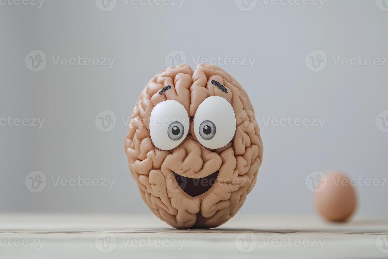 A cartoon brain with a smiley face and an egg photo