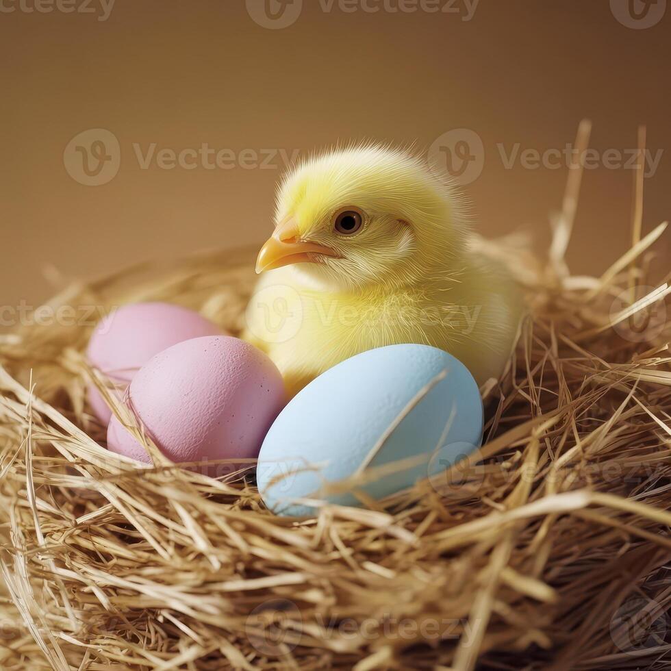 A baby chick is sitting in a nest with three eggs photo