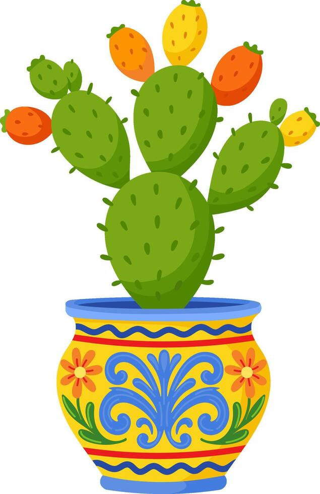 Green cactus with orange and yellow fruit in a decorative Mediterranean-style ceramic flower pot vector