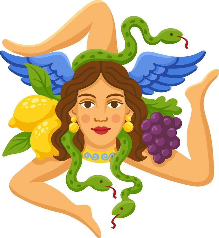 Sicilian Trinacria symbol with three legs, woman's head, lemons, grapes, snakes, and wings vector