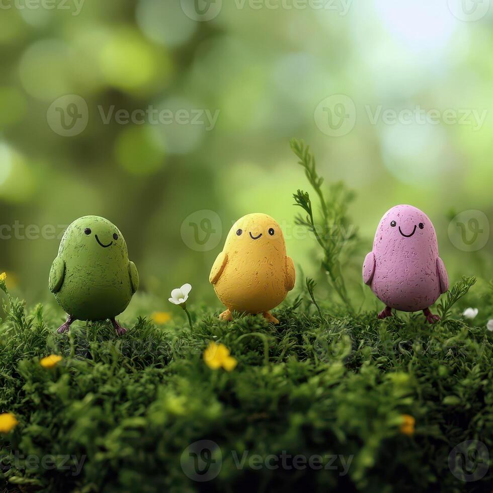 Three little birds standing on a green grassy field photo