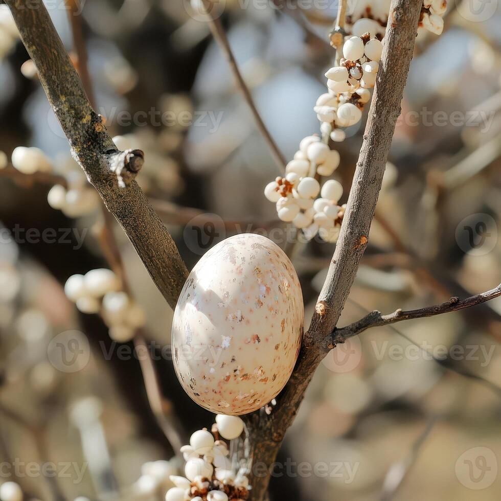 A white egg sitting on a branch of a tree photo