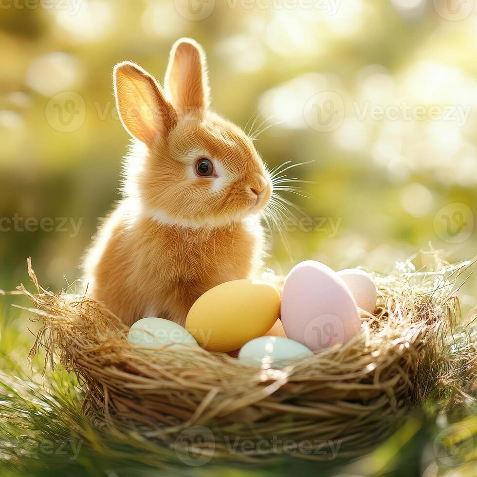 Rabbit with colorful eggs in spring nest photo