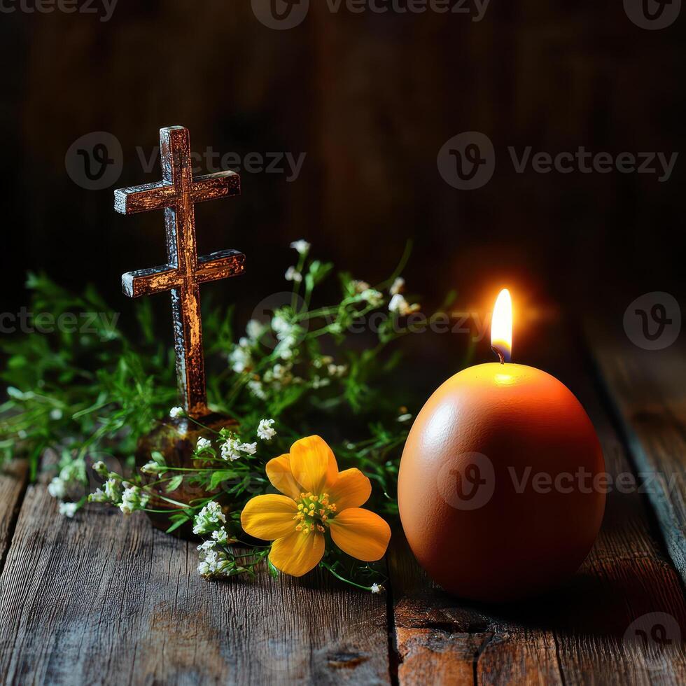Delicate altar arrangement with candle and flowers photo