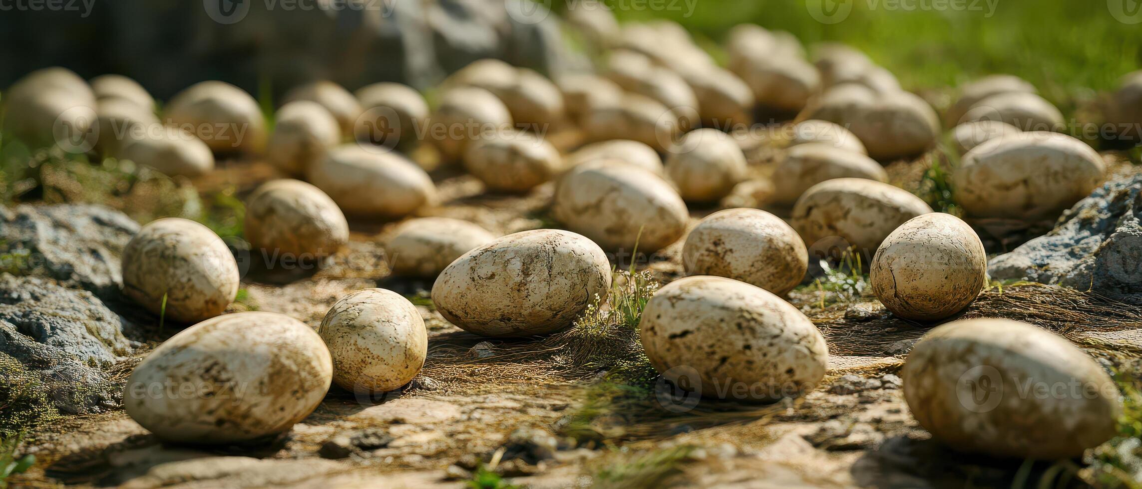 Gathering of large eggs on a grassy surface photo