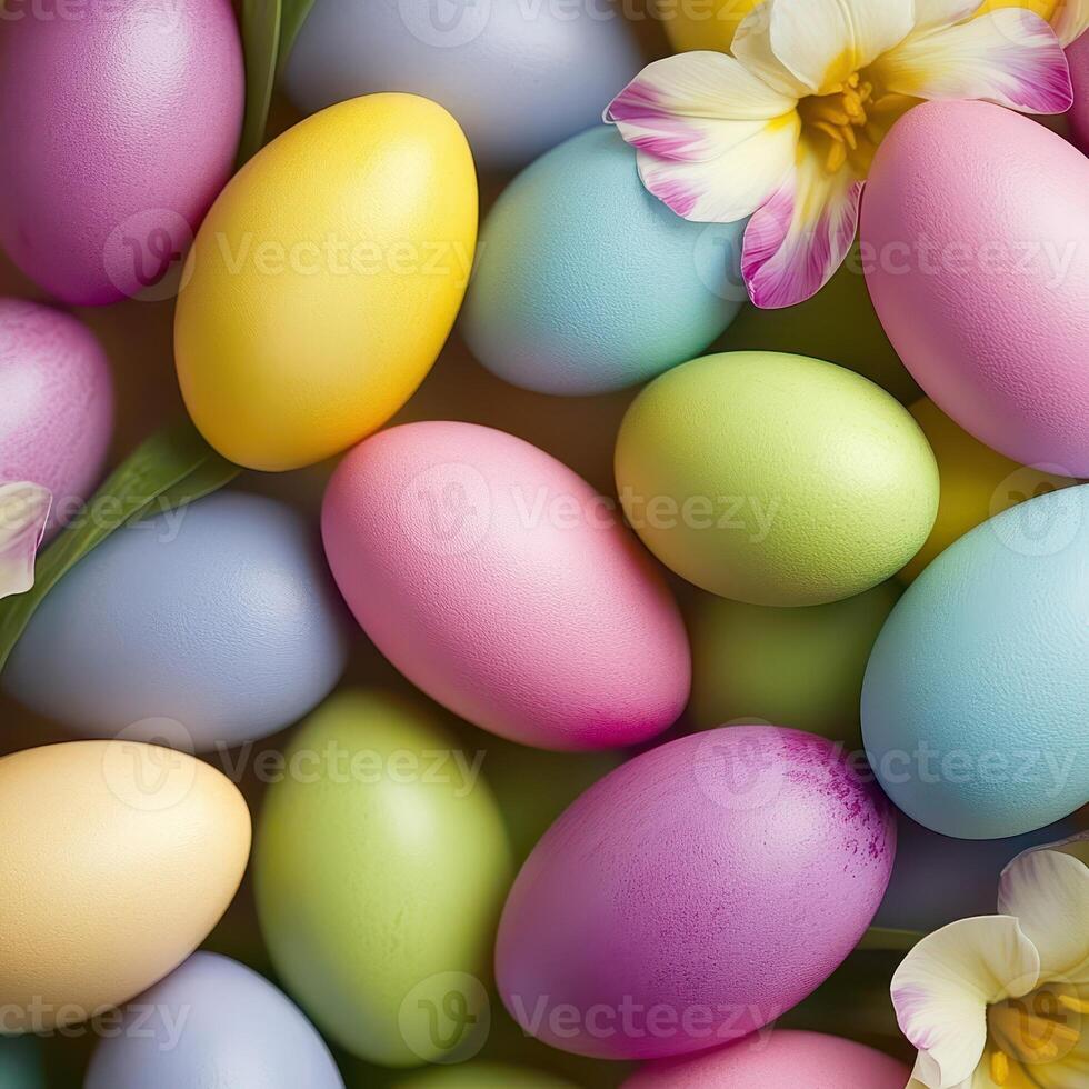 Colorful Easter eggs arranged with flowers photo