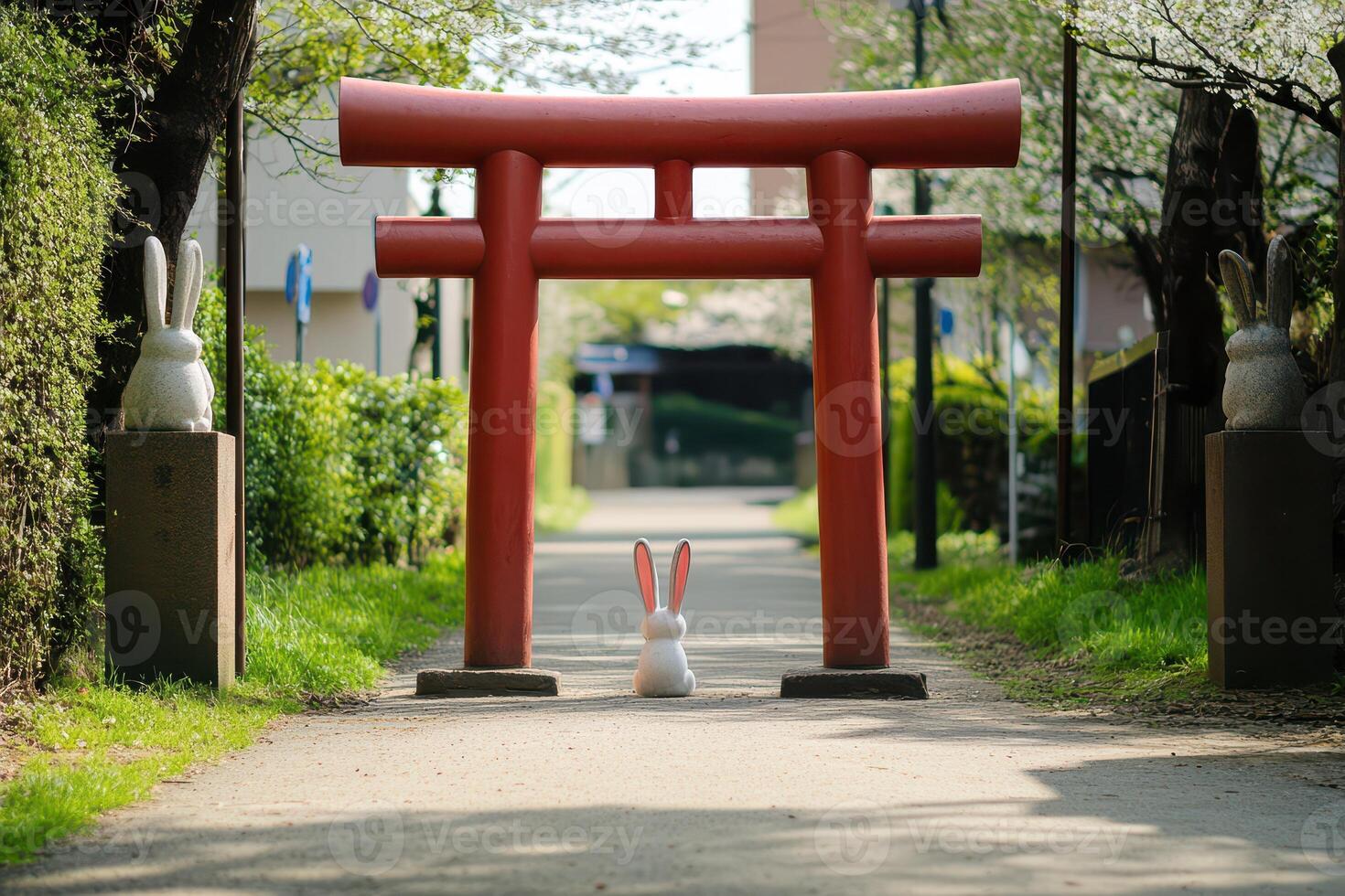 Large bunny near red torii gate in serene park photo