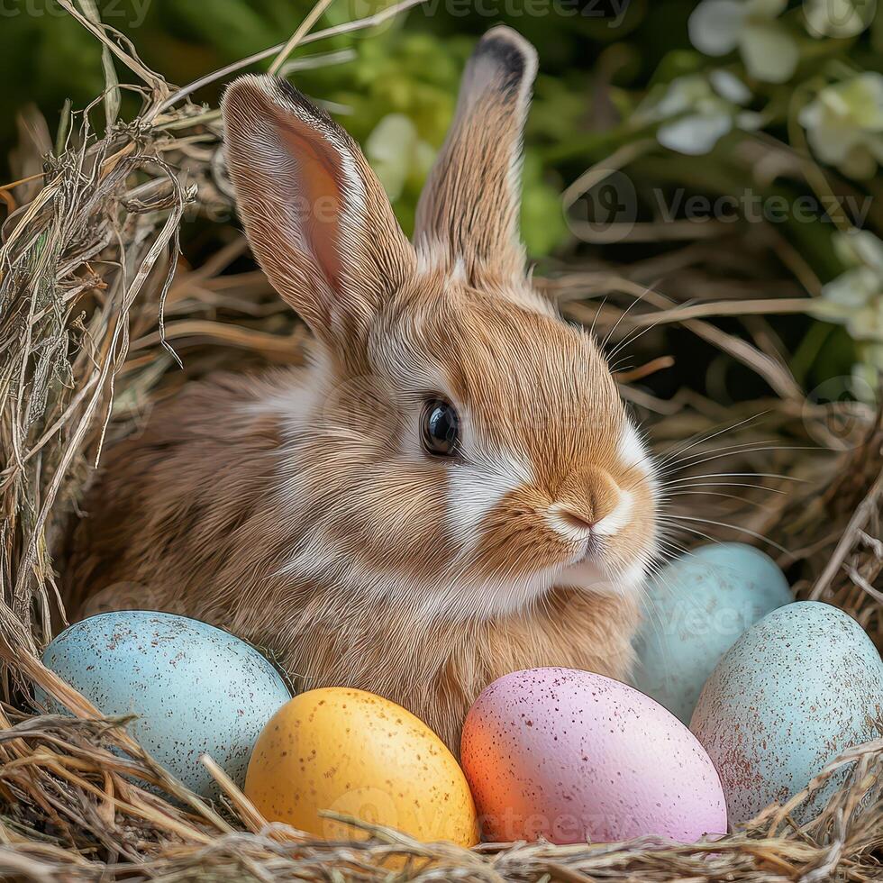Cute rabbit with pastel eggs in a nest setting photo