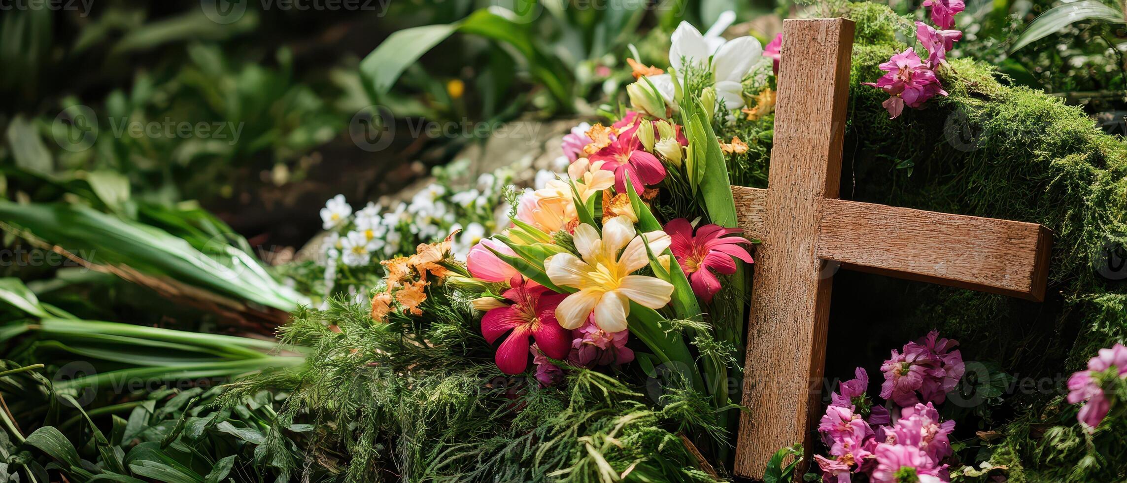Colorful flowered wooden cross outdoors photo