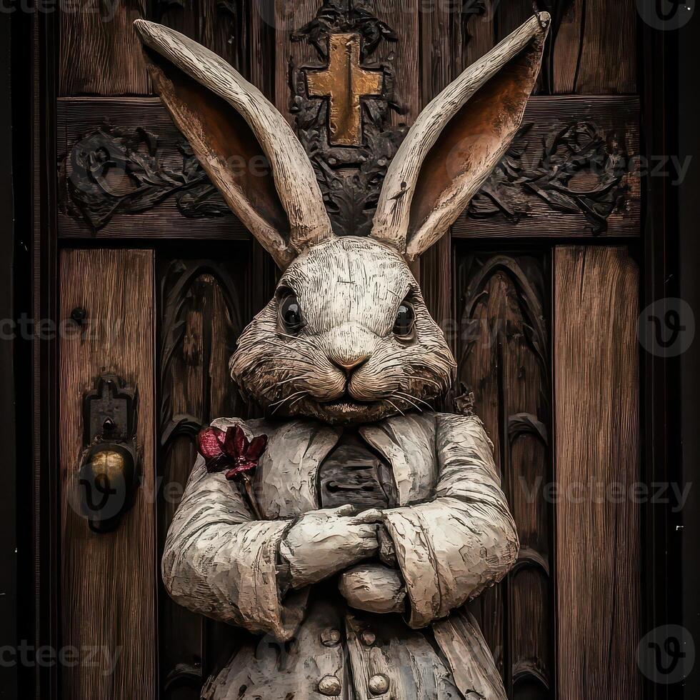Whimsical rabbit statue near a wooden door photo
