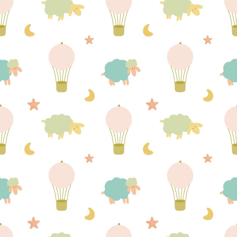 Seamless pattern with sheep, air balloons, stars and moon. Children seamless pattern for cards, designs, postcards, icons, etc vector