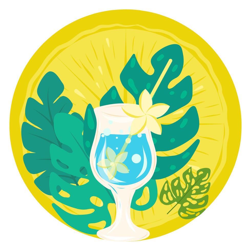 Cocktail with a cocktail straw on a lemon background with tropical leaves illustration. Blue cocktail art for cards, designs, postcards, icons, etc vector