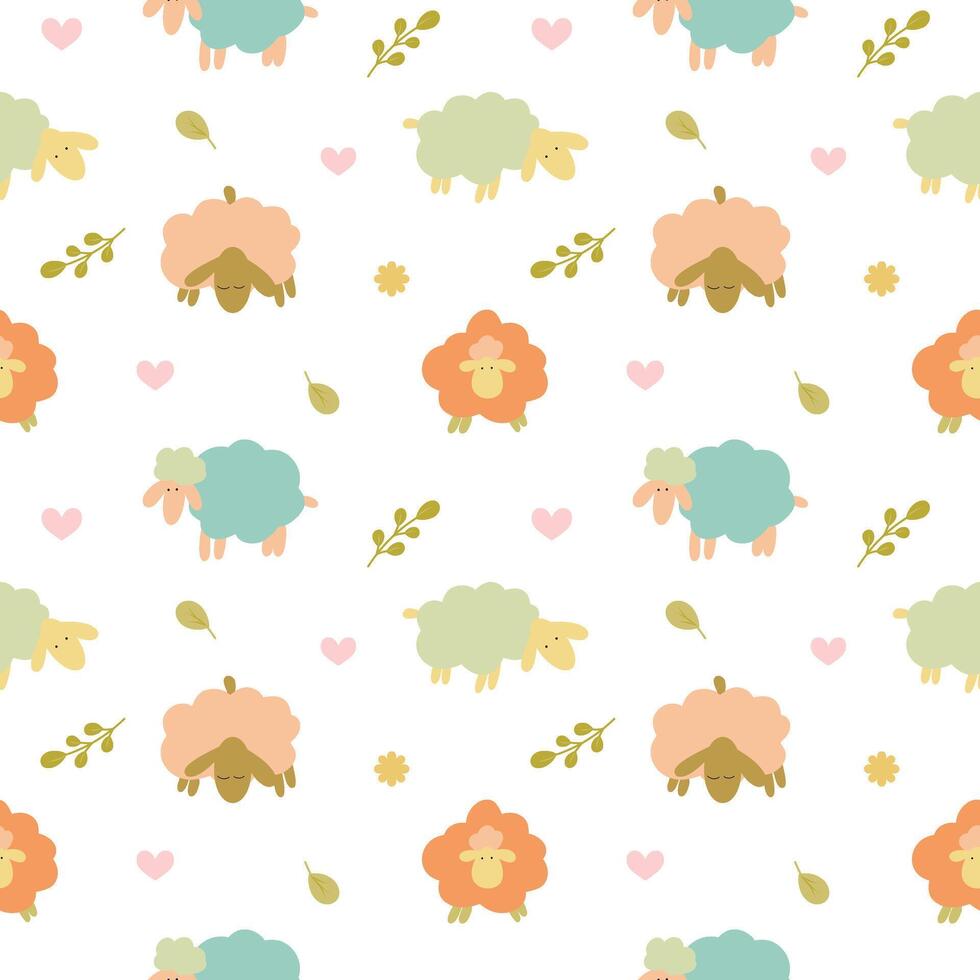 Cartoon Seamless pattern with sheep and leaves. Children seamless pattern for cards, designs, postcards, icons, etc vector