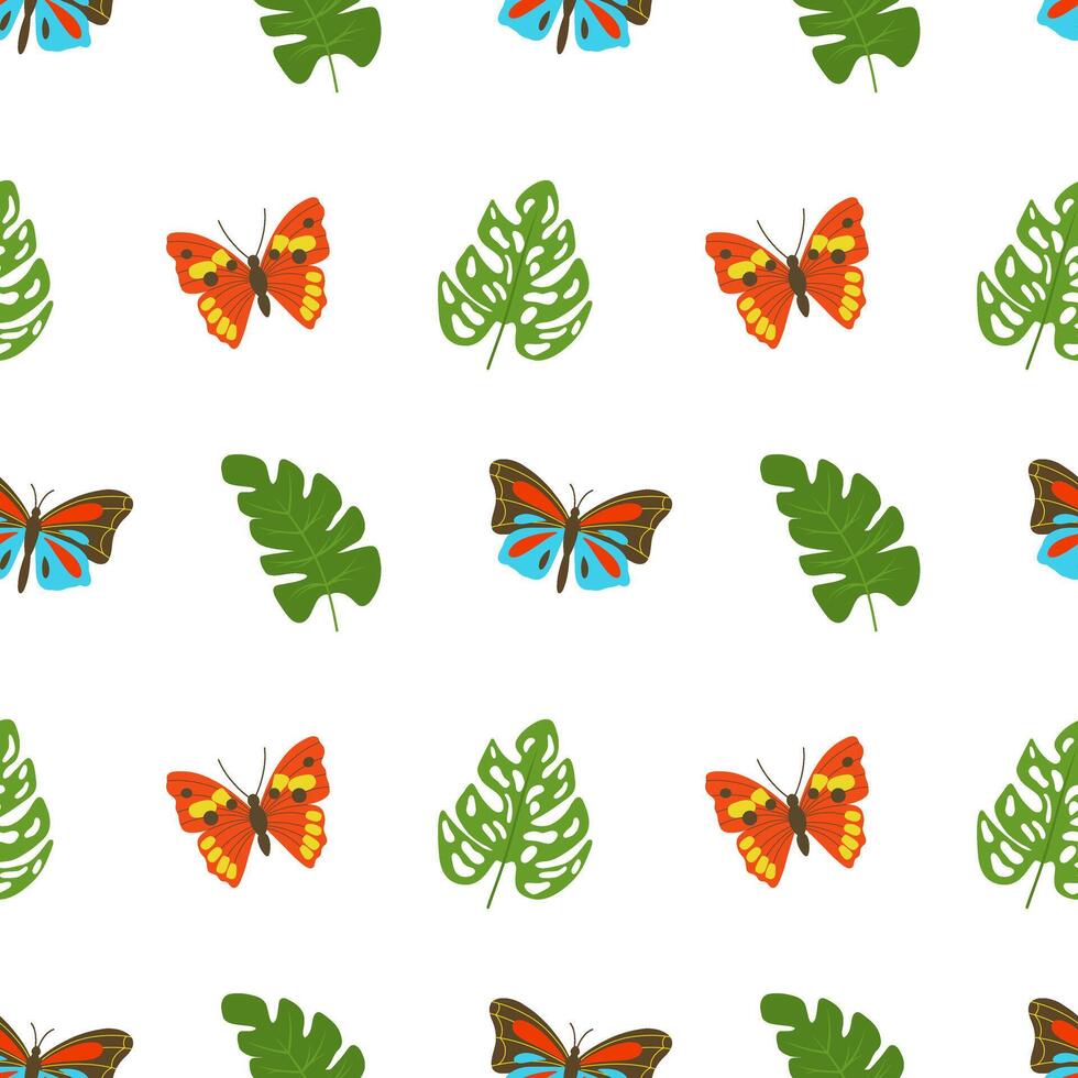 Different colorful butterflies with tropical leaves seamless pattern vector