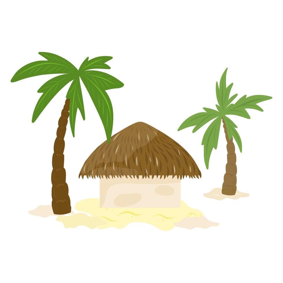 Hawaiian bungalow on sand with palm trees. Beach shack house with palm trees, bamboo hut bar, Summer cartoon island building, straw roof, exotic vacation camping on sand. vector