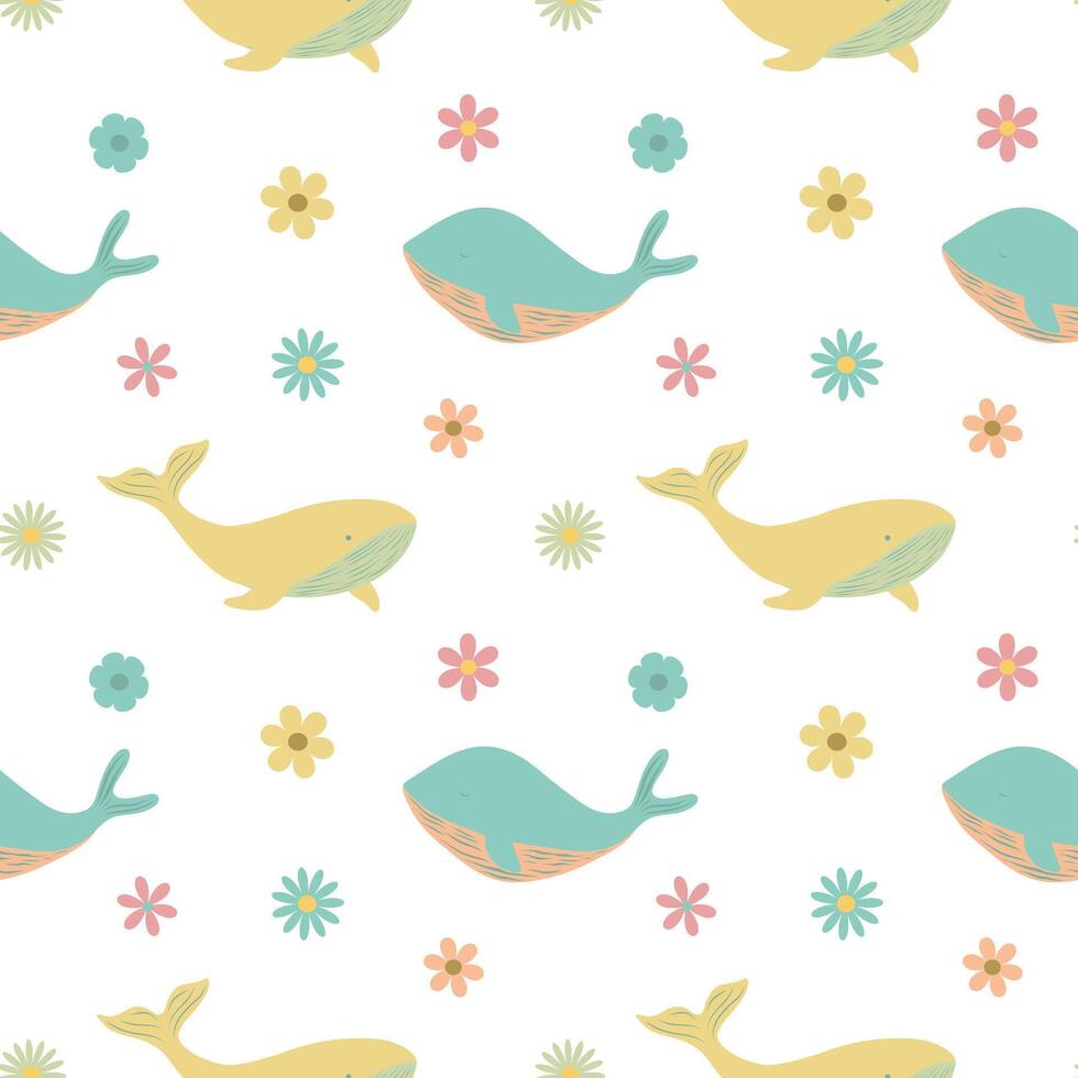 Whales and flowers seamless pattern. Nautical pattern for children textile design or childish wallpaper. Tile for nursery room vector