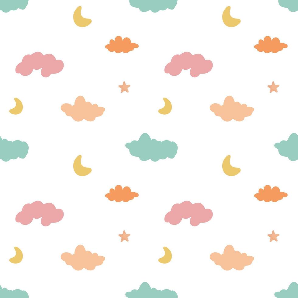 Pastel night seamless pattern. Star, crescent, clouds pattern. Seamless cute pattern for kids, children. Background vector