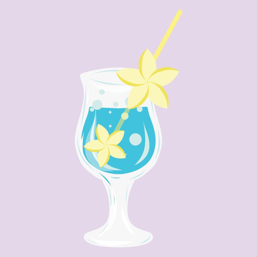 Cocktail illustration on a colorful background, Blue Garnished beverage graphic print. Flowers, bubbles, cocktail straw. Illustration for cards, designs, postcards, icons, etc vector