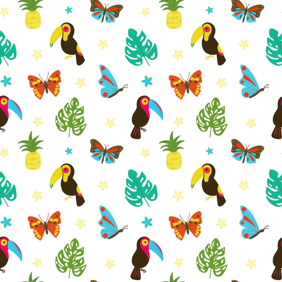 Tropical birds, butterflies, leaves and fruits seamless pattern. Seamless pattern. Toucan, pineapple vector