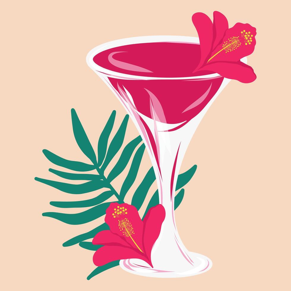 Cocktail illustration on a pastel background, Red Garnished beverage graphic print. Flowers and leaves . illustration for cards, designs, postcards, icons, etc vector