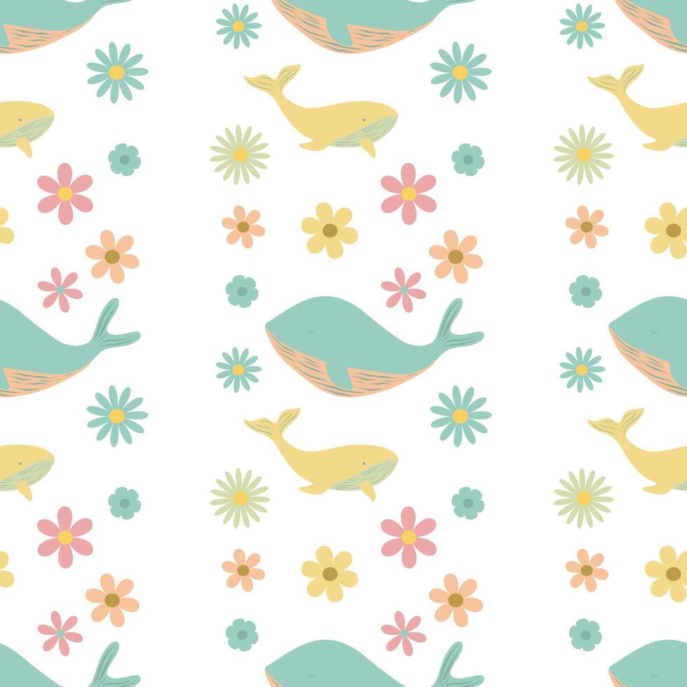 Whales and flowers baby seamless pattern. Nautical pattern for children textile design or childish wallpaper. Tile for nursery room vector