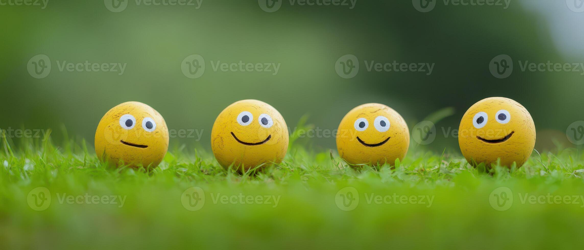 Cheerful yellow balls on green grass landscape photo