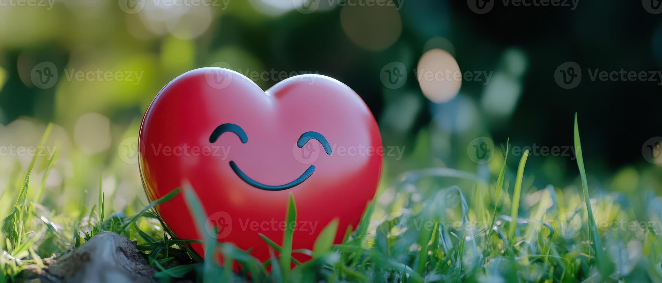 Happy heart sits in green grass under sunlight photo