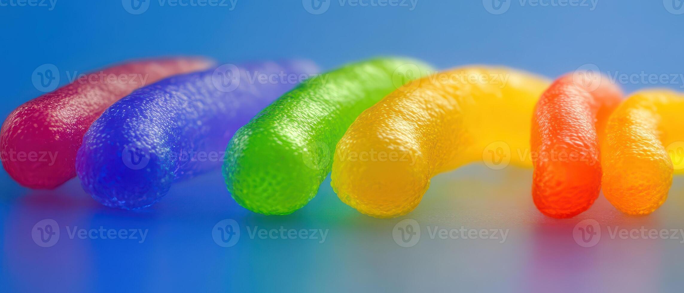 Colorful gummy worms arranged on a blue background photo